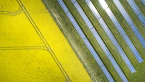 Canola fields and solar power plant in springtime – aerial view